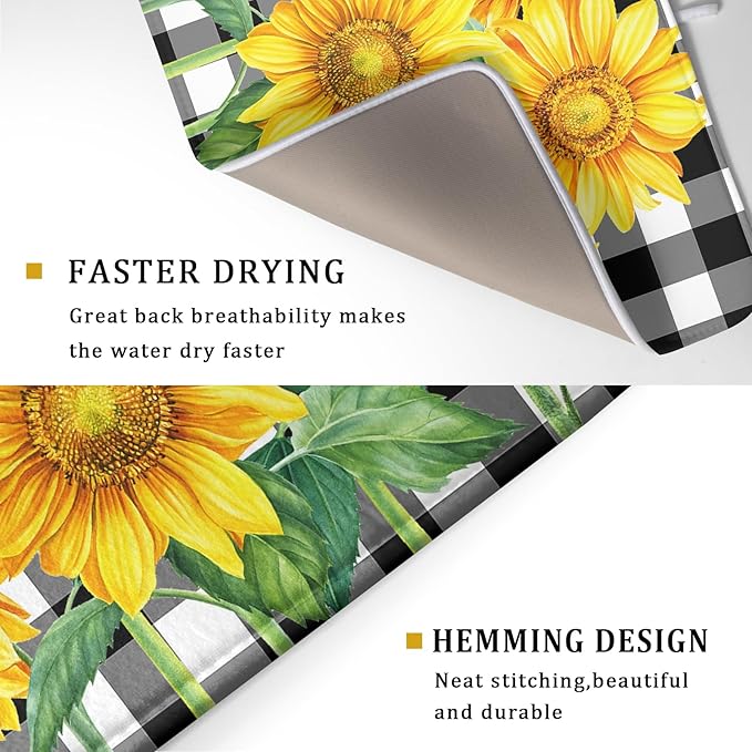 Sunflower Drying Mats for Kitchen Counter 18×24 Inch Black and White Buffalo Plaid Sunflower Large Drying Mat for Dishes Microfiber Dish mat Rack Mat Drainer Pad Washable Absorbent Dry Mat