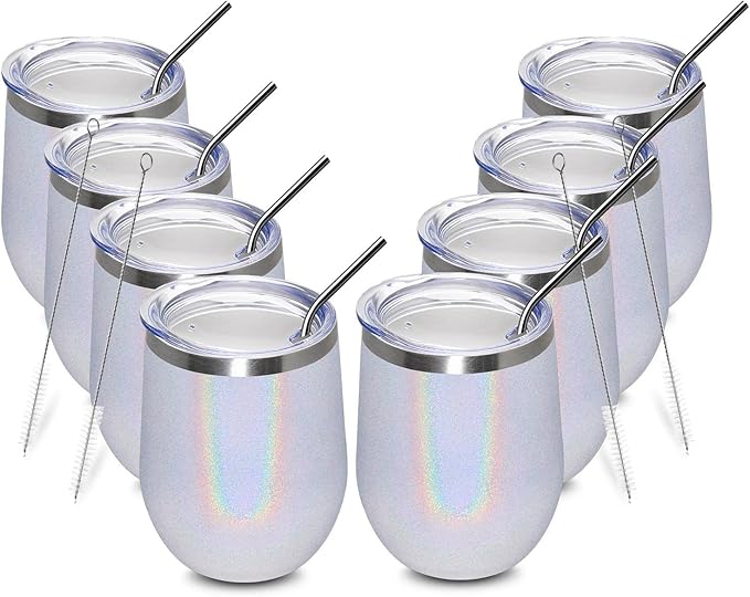 MEWAY 12oz/8 Pack Wine Tumbler Glasses with Lid - Stemless Double Wall Vacuum Stainless Steel Glitter Tumbler - Keeping Cold & Hot Cup for Coffee,Gift for Women(Rainbow White,Set of 8)