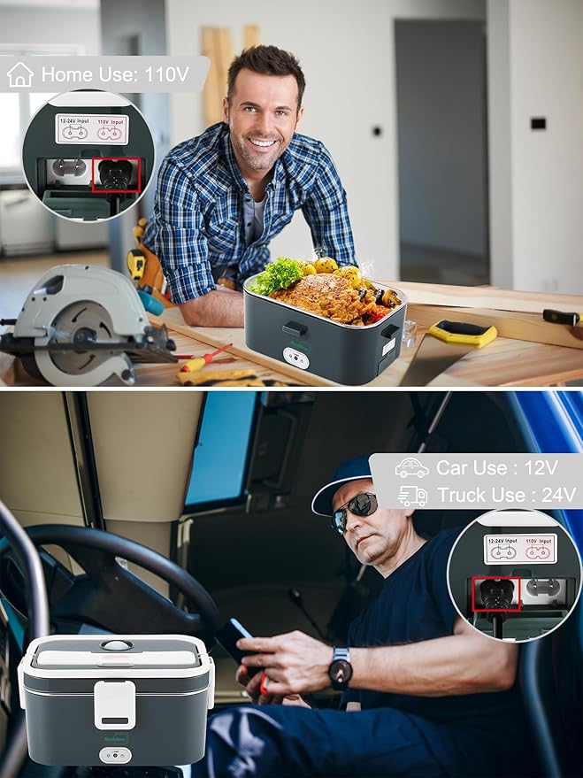Buddew Electric Lunch Box for Adults, 80W Heated Lunch Box 1.8L Stainless Steel Portable Food Warmer,12/24/110V Lonchera Electrica Portatil for Travel & Work, Loncheras para Hombres de Trabajo