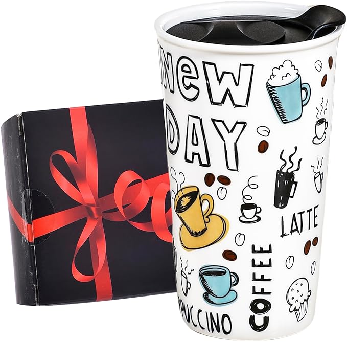 Ceramic Travel Coffee Mug, 12 oz, Portable, Travel Mug with Lid, Double Wall Tall Cup, To Go Tumbler for Car Cup Holder, Splash Resistant Lid, Dishwasher Safe, Gifts for Women Men Her Him (New Day)