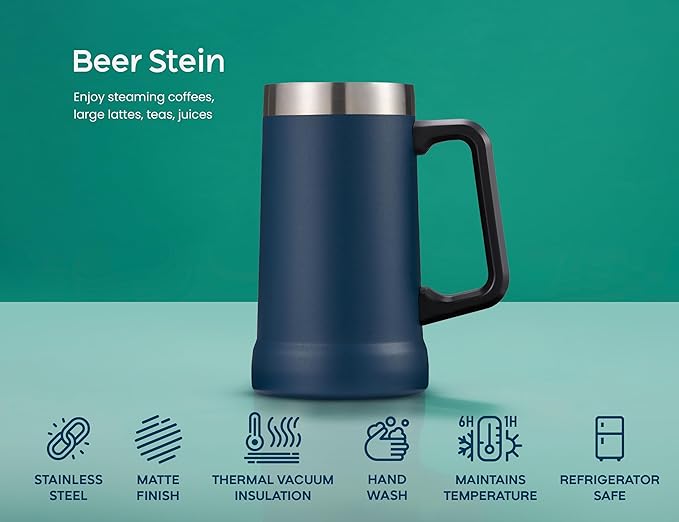 KooK Beer Stein, Stainless Steel Coffee Mug, Tumbler with Thermal Vacuum Insulation, Big Grip, Adventure, Double Walled Drinking Cup, Large Handle, Shatterproof, Navy Blue, 24 oz