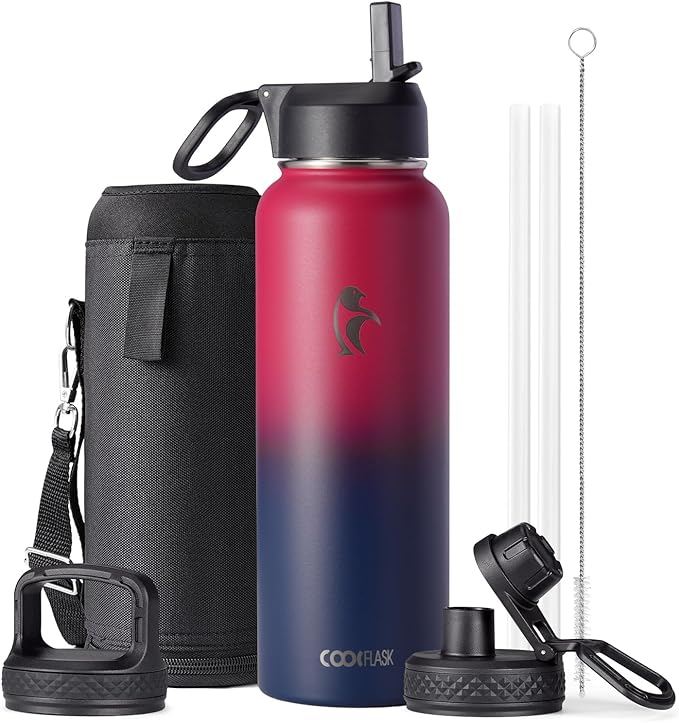 Water Bottle 40 oz Insulated with Straw&Brush, Coolflask Vaccum Stainless Steel Metal 3 Lids Water Flask for Sports, Gym or Office, Keep Cold 48H Hot 24H, Ombre Wine/Navy