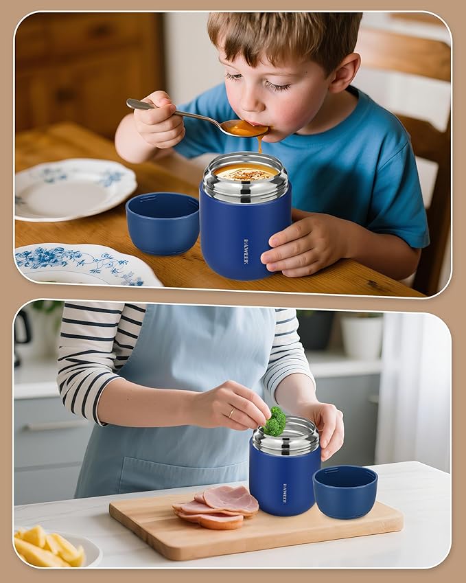 17oz Soup Thermo for Hot Food Adults Insulated Food Jar Thermo Hot Food Lunch Container Wide Mouth Stainless Steel Lunch Box for Kids with Folding Spoon Cleaning Brush Navy Blue