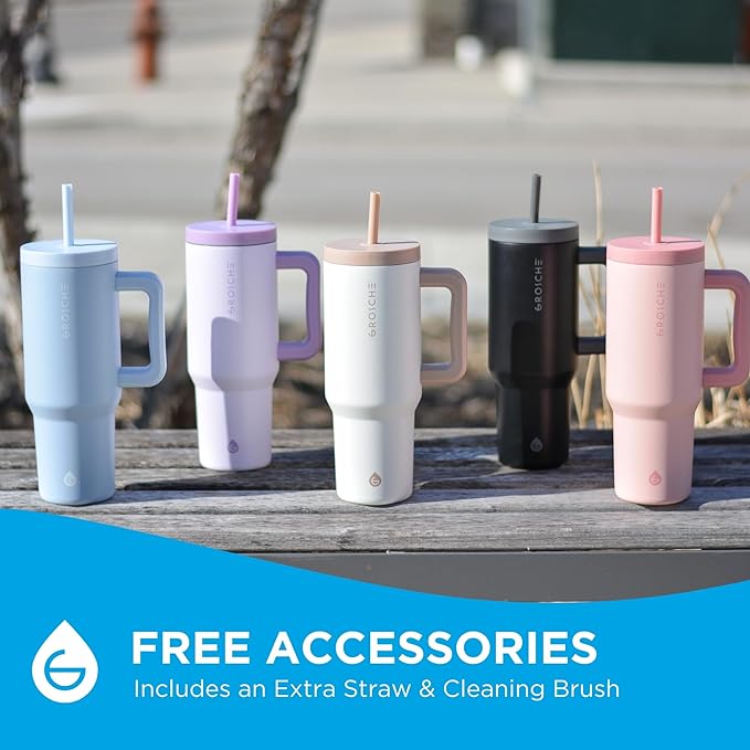 GROSCHE ASPEN 40 oz tumbler with handle and straw. Extreme insulation, classy design, built to last insulated stainless steel tumbler with handle, lid and straw - ROSE PINK