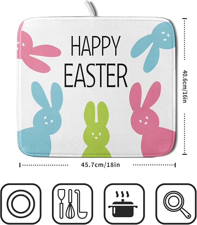 Spring Easter Dish Drying Mats for Kitchen Counter 16×18 Inch Cute Bunny Rabbit Small Microfiber Drying Mat Kitchen Accessories Dish Rack Mat Drainer Pad Washable Absorbent