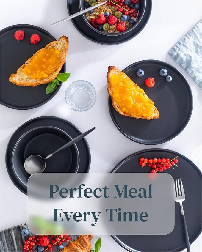 Stoneware dinnerware set 8 persons 24 pcs – Ultra chic matte black plates and bowls set – Dishwasher and microwave safe – Bowl and plate set – Dinner service Pure Living