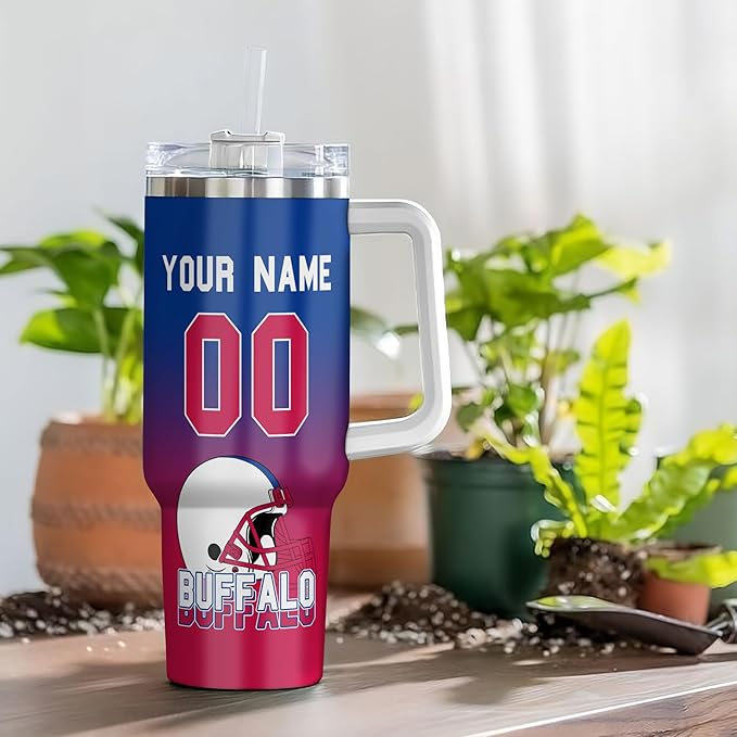 Personalized 40oz Football Stainless Steel Tumbler with Handle & Straw, Custom Insulated Travel Mug, Add Name & Number Cup, Tailgating Gift for Fans (Buffalo Colors)