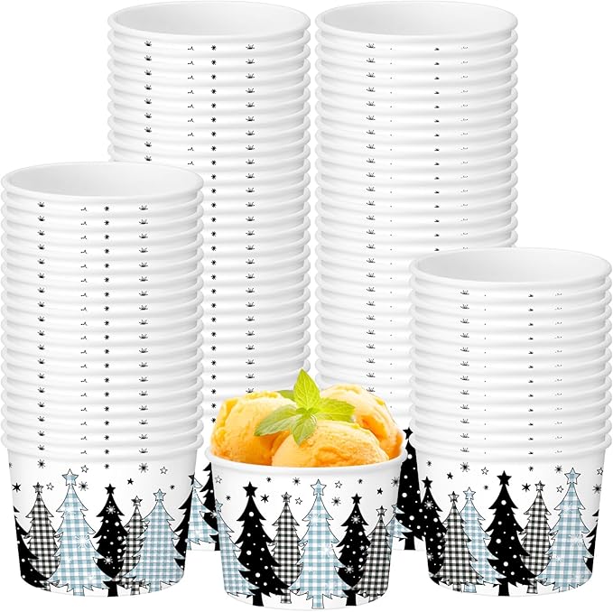 50 Pack Christmas Tree Treat Snack Cups Blue Gingham Buffalo Plaid Paper Ice Cream Cups 9 oz Xmas Tree Disposable Dessert Bowls for Hot or Cold Food Winter Xmas Holiday Party Supplies