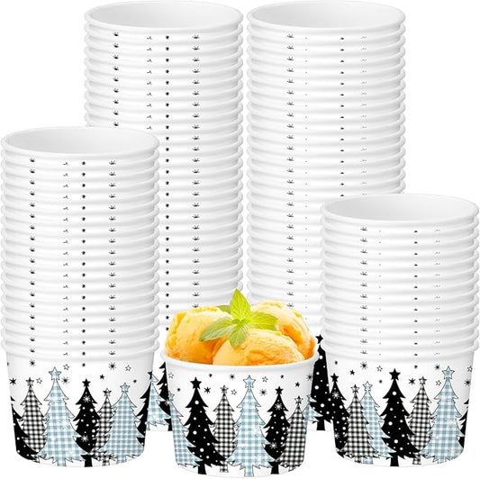50 Pack Christmas Tree Treat Snack Cups Blue Gingham Buffalo Plaid Paper Ice Cream Cups 9 oz Xmas Tree Disposable Dessert Bowls for Hot or Cold Food Winter Xmas Holiday Party Supplies