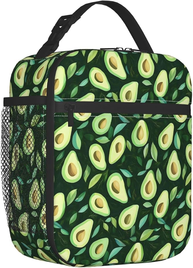 Avocado and Leaf Lunch Box for Teen Kids, Cartoon Reusable Thermal Lunchbag, Picnic, School, Hiking, Fishing, Fruit Insulated Tote Cooler Bags for Adults Women Decor Gifts, Summer Theme