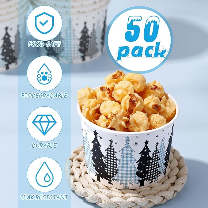 50 Pack Christmas Tree Treat Snack Cups Blue Gingham Buffalo Plaid Paper Ice Cream Cups 9 oz Xmas Tree Disposable Dessert Bowls for Hot or Cold Food Winter Xmas Holiday Party Supplies
