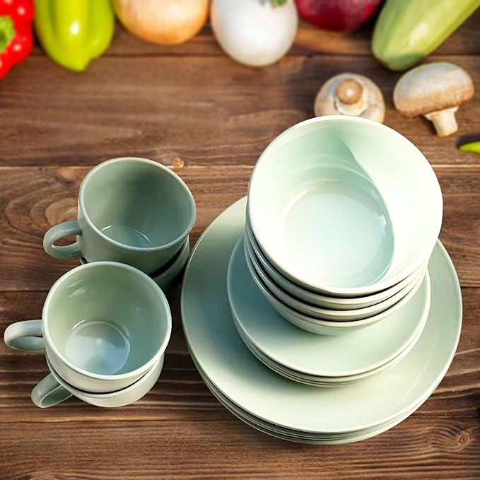 16-Piece Khakee Ceramic Dinner Set – Stoneware Plates, Bowls & Mugs – Modern Solid Colour Tableware for 4 – Microwave & Dishwasher Safe – Khakee Beige