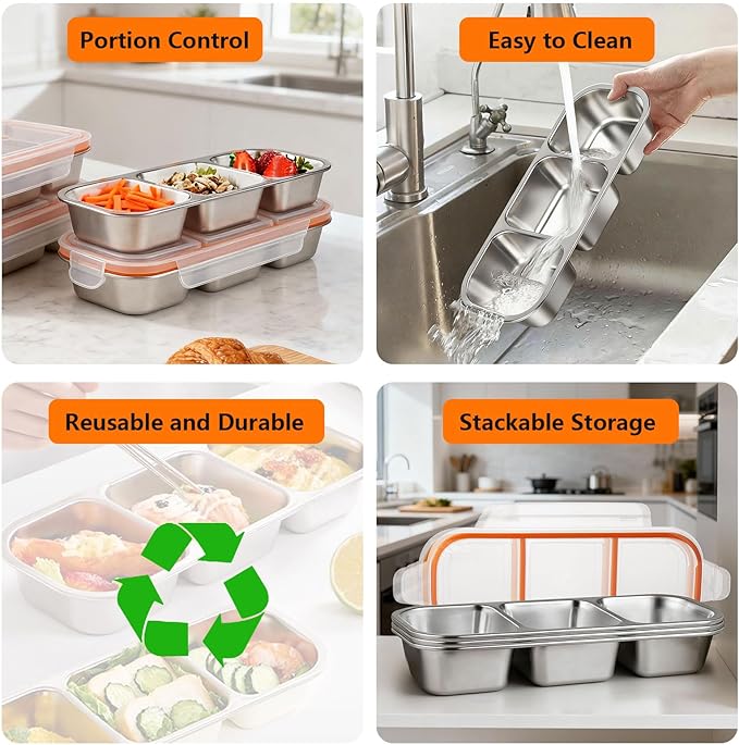 3 Pack Stainless Steel Snack Containers with Lids, Leakproof Lunch Box Containers, Reusable 3 Compartment Snackle Box, Grab and Go lunchable container for Travel
