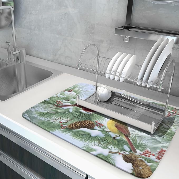 Winter Dish Drying Mat for Kitchen Counter Cardinal Birds Pine Trees Festival Microfiber Absorbent Dish Draining Reusable Washable Foldable Extra Large 18"x24"