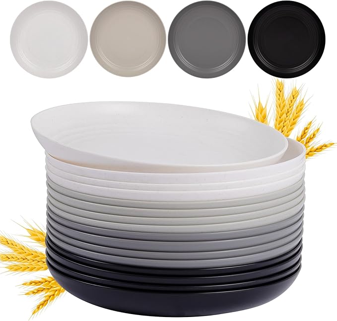 supernal 10" Wheat Straw Dinner Plates Reusable&Durable Plastic Plates,Dishwasher Safe,16-Pack (4 White, 4 Light Gray, 4 Dark Gray, 4 Black), Versatile Tableware for Home and Outdoor