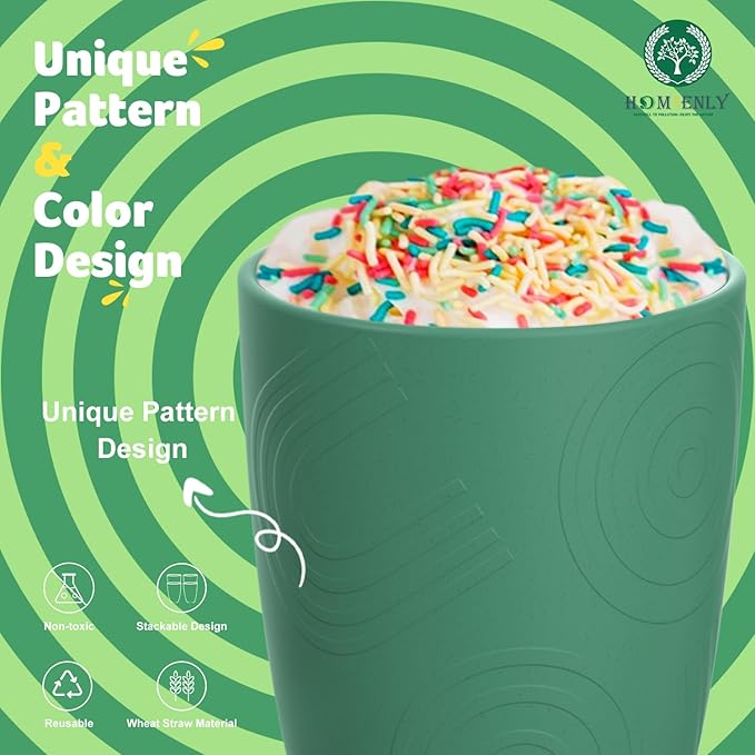 Plastic Cups Reusable 8 PCS Wheat Straw Cups a Good Alternative Drinking Glasses Cup Plastic Glasses Cups Unbreakable Cup Reusable Dishwasher Safe Cups Microwave Safe Cups with Green Color (12 OZ)