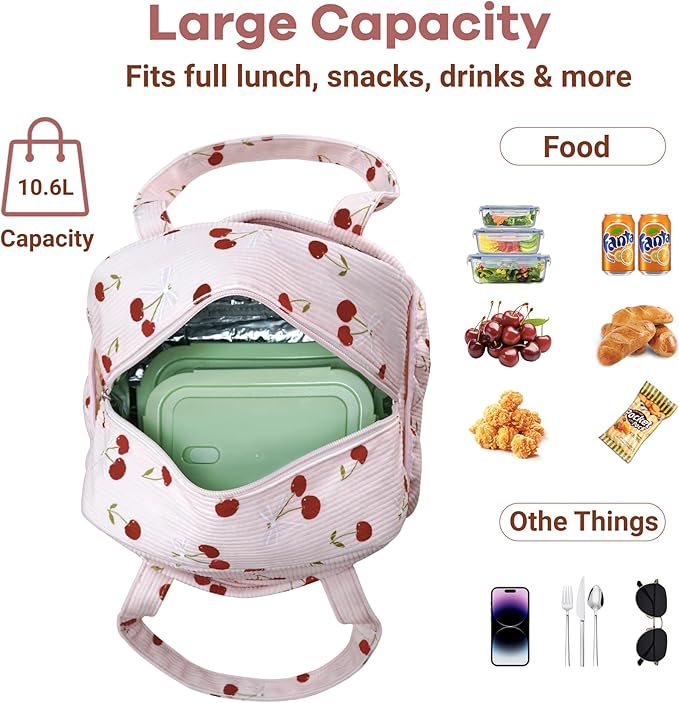 Yarnic Corduroy Lunch Bag Women Men Insulated, Large Lunch Box for Work with Bottle Pockets, Stylish Reusable Cooler Tote for Adults Teachers Picnic Hiking (Cherry Bow)