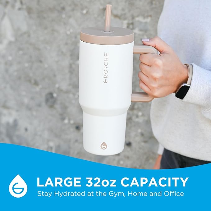 GROSCHE ASPEN 32 oz Tumbler with Handle and Straw. Extreme Insulation, Classy Design, Built to Last Insulated Stainless Steel Tumbler with Handle, Lid and Straw - Cream White
