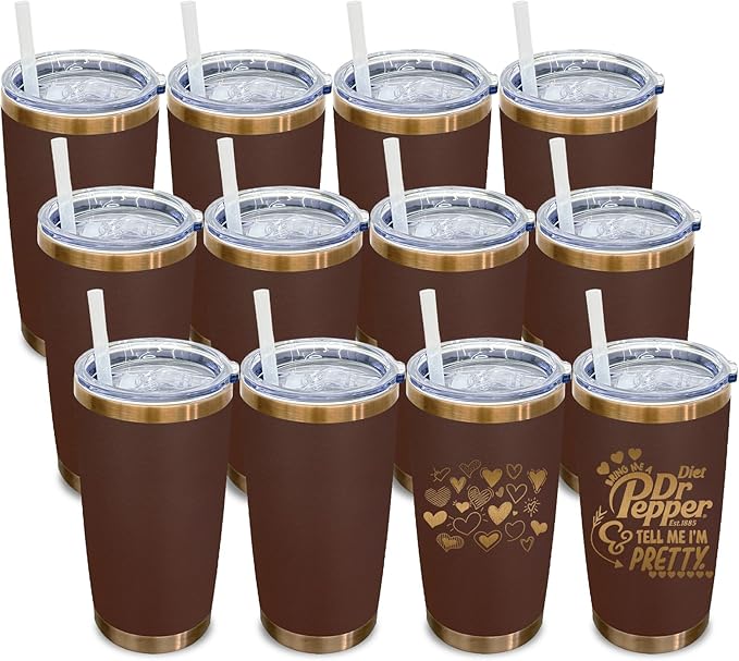 20 oz Tumbler Bulk 12 Pack Stainless Steel Tumblers with Lids and Straws, Double Wall Vacuum Insulated Travel Coffee Mug for Laser Engrave, Powder Coated Cups for Hot and Cold Drinks (Brown,12 pack)