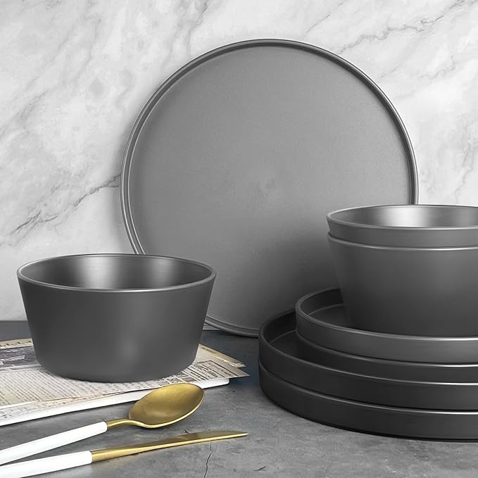 Teivio 32-Piece Kitchen Plastic Coupe Wheat Straw Dinnerware Set, Service for 8, Dinner Plates, Dessert Plate, Cereal Bowls, Cups, Unbreakable Unique Plastic Outdoor RV Camping Dishes,Gray Multicolor