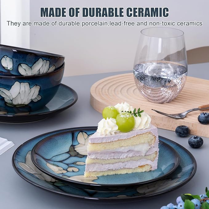 Dinnerware Set Blue Stoneware 12 Pieces Service for 4, Stoneware Plates and Bowls Set Highly Chip and Crack Resistant Stoneware Set, Dishwasher Microwave Safe Dishes set