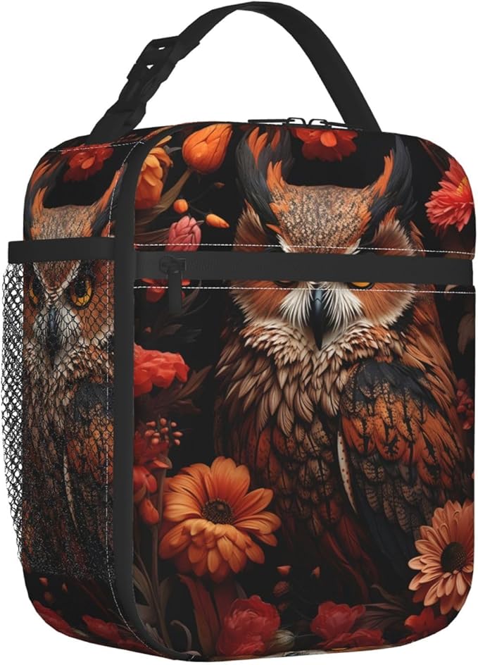 Reusable Autumn Owl Lunch Box for Kids, Insulated Vibrant Floral Bird Bag,Polyester Cooler Animal Lovers Handbags Case for School Picnic Work Travel Beach or Hiking, Gifts