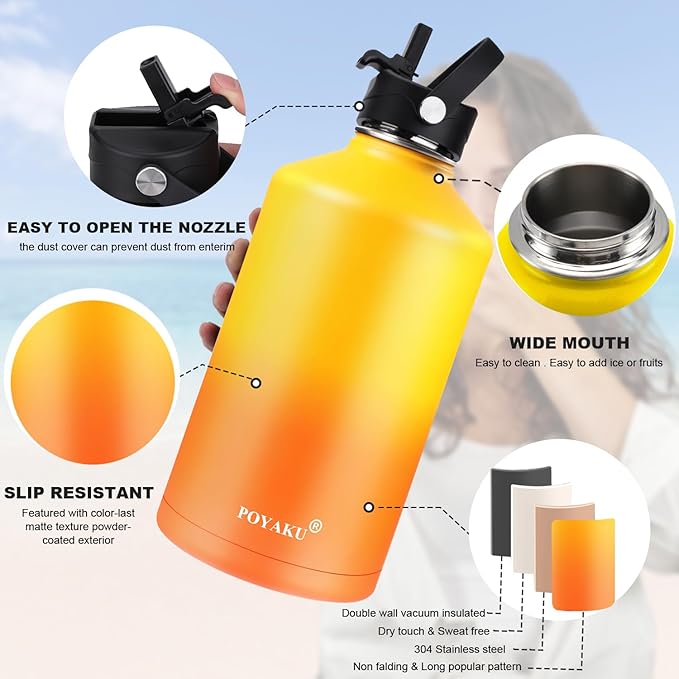 Water Bottle Insulated 32oz 40oz 64oz 128oz Straw Lid Spout Lid & 3 Lids, Leak Proof, Vacuum Insulated,Stainless Steel Water Bottle Wide Mouth for Sports, Gym or Office