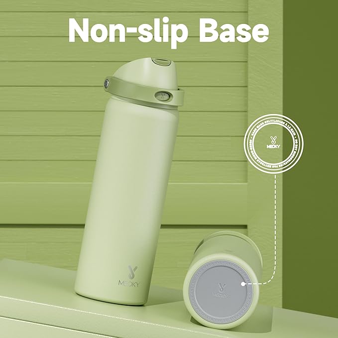 32 oz Insulated Water Bottle with Straw: Meoky Stainless Steel Metal Water Bottle with 2-in-1 Lid - Leak Proof, Cold for 24 Hours, Protective Silicone Base, BPA-Free for Sports Gym, Sage
