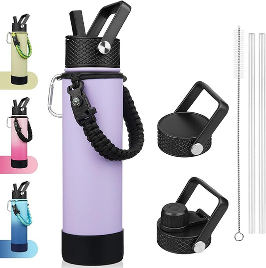 BJPKPK 27oz Insulated Water Bottles with 3 Lids, Paracord Handle & Non-slip Boot, Stainless Steel Metal Water Bottle with Straw, BPA Free Thermo, Tumblers,Lavender