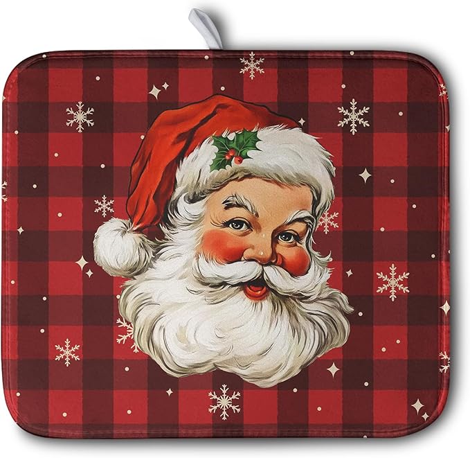 Santa Claus Christmas Dish Drying Mat Xmas Red and Black Buffalo Plaid Snowflake Drying Mats Winter Holiday Dishes Drying Pad Microfiber Absorbent Dish Drainer Rack Mat 16x18 Inch