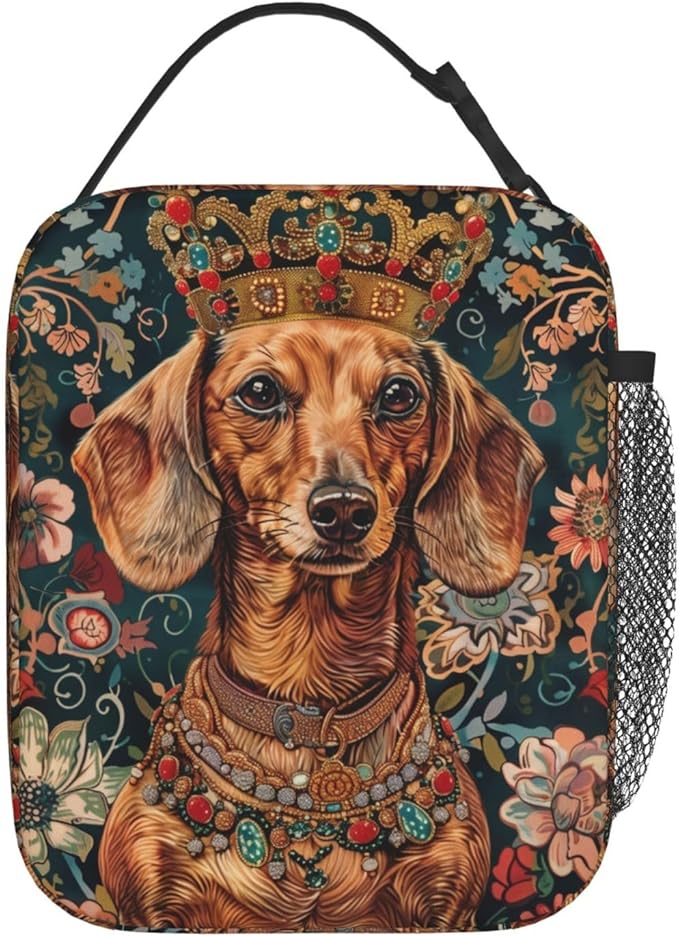 Reusable Dachshund Lunch Box for Kids Girls Boys Women Adult, Insulated Cute Crown Weiner Dog Bag,Polyester Cooler Floral Handbags Case for School Picnic Work Travel Beach or Hiking