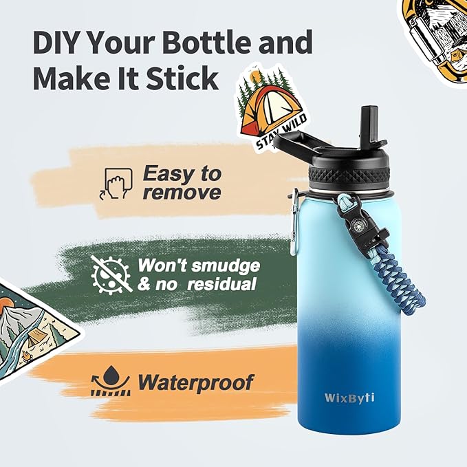 32 oz Insulated Water Bottle with Straw (Cold for 48 Hrs), Stainless Steel Triple Wall Vacuum Sports Water Jug, Leakproof Hydro Cup Flask with Paracord Handle & Straw Spout Lids & DIY Stickers
