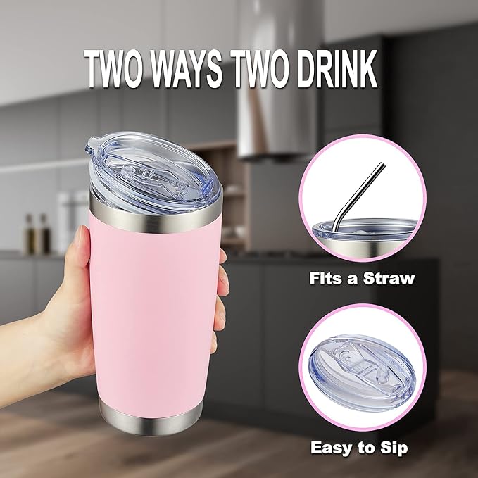 COMOOO 20oz Double Wall Vacuum Insulated Travel Mug, Stainless Steel Tumbler with Lid, Durable Powder Coated Insulated Coffee Cup for Cold & Hot Drinks (Pink, 1 Pack)