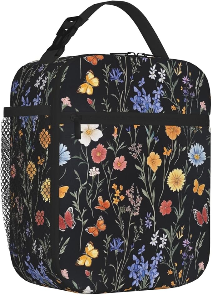 SUPLUCHOM Lunch Bag Vintage Botanical Flower Wildflower Insulated Bento Box Cooler with Side Pocket for Girl Boy Women Men Work School Picnic Hiking Daytrip