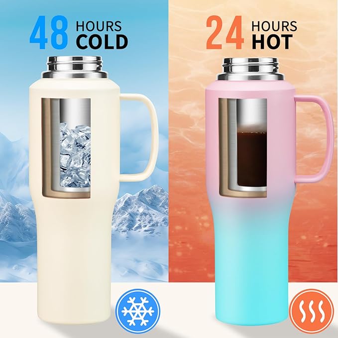 32/40 OZ Water Bottle with Handle, Stainless Steel Insulated Tumbler with Straw & Carrying Case, Vacuum Thermal Insulated Flask Mug, Coffee Tumbler Cup Fit in Car Cup Holder for Travel Drive