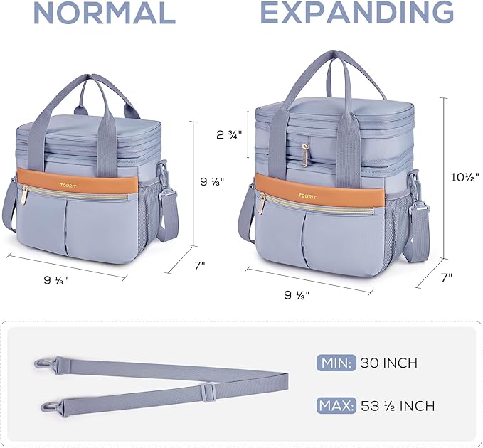 TOURIT Insulated Lunch Box Bag, Double Deck Leakproof Cooler Tote for Work Office Picnic, Expandable Lunch Container, Grey