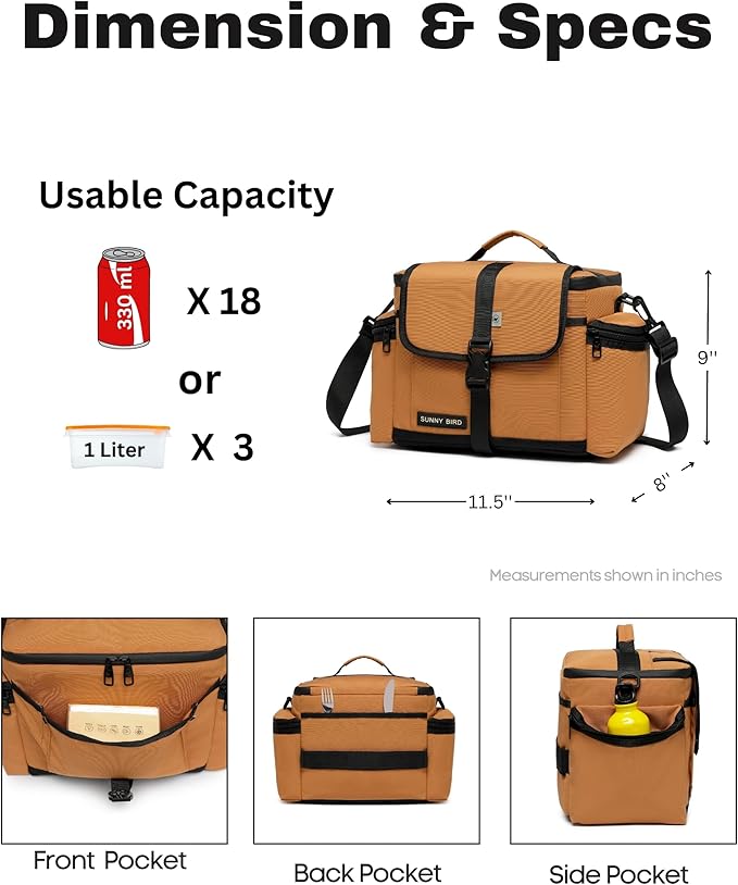 SUNNY BIRD Large Lunch Bag, Thermally Insulated Soft Cooler with Shoulder Strap for Women, Men (Brown)