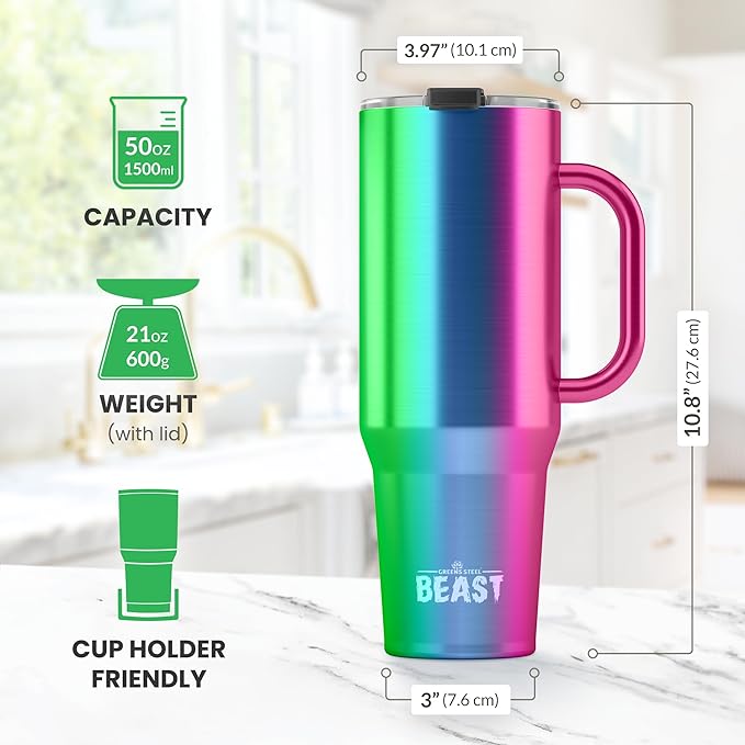 Beast 50 oz Tumbler Stainless Steel Vacuum Insulated Coffee Ice Cup Double Wall Travel Flask (Rainbow)
