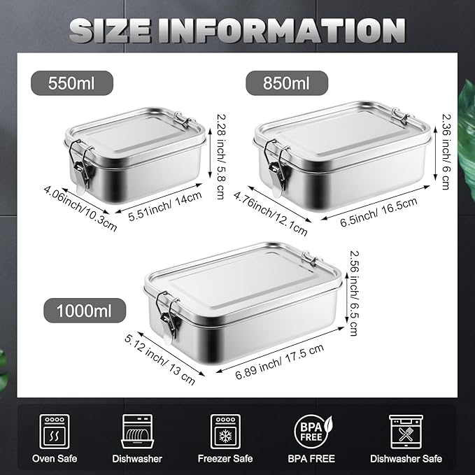 Umigy 3 Pcs Stainless Steel Food Containers 550/850/1000ml Metal Bento Lunch Box Stainless Steel Food Storage Containers, Lockable Clips to Leak Proof, Reusable Dishwasher Snack Boxes for Work