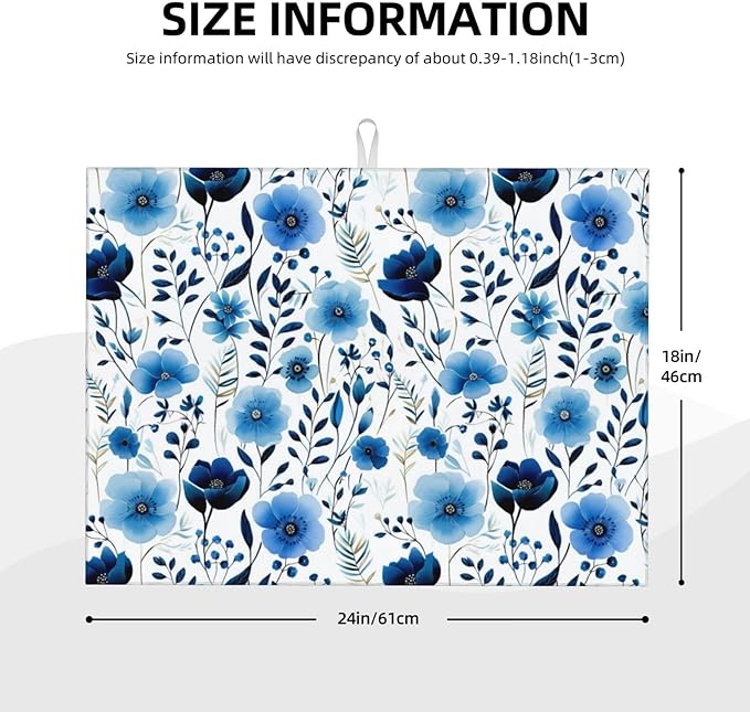 Blue White Floral Watercolor Dish Drying Mats, Absorbent Boho Blue Decorative Kitchen Counter Mat, Polyester, Absorption, Foldable, for Kitchen Dishes Utensils Small Appliances, Home Decor, 18" x 24"