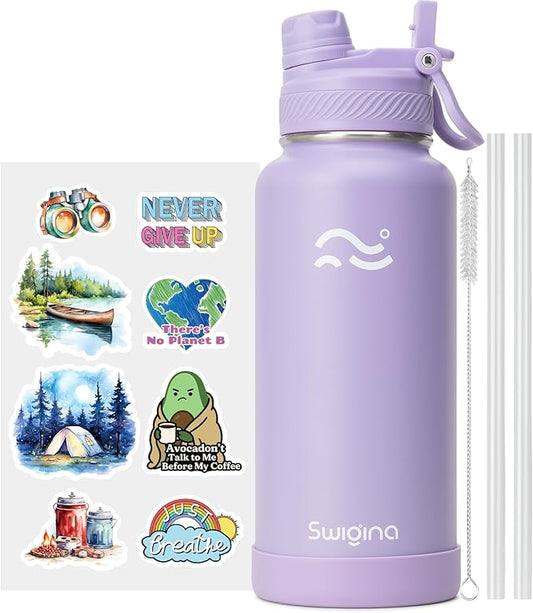 [2-IN-1 LID] Insulated Water Bottle with Silicone Boot (36hrs Cold/18hrs Hot) - DIY Stickers, Leakproof, BPA Free, 32 oz