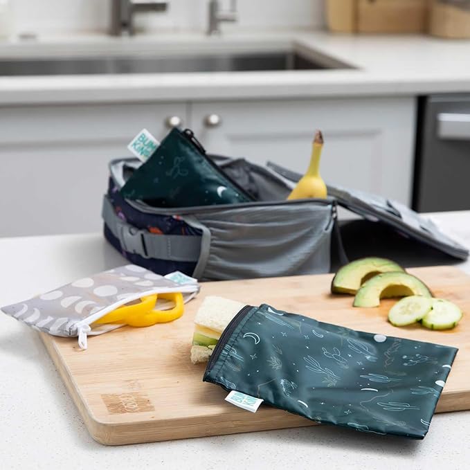 Bumkins Reusable Sandwich and Snack Bags, for Kids School Lunch and Adults Portion, Washable Fabric, Waterproof Cloth Zip Bag, Travel Pouch, Food-Safe Storage, Large 2-pk Desert Dk. Green and Gray