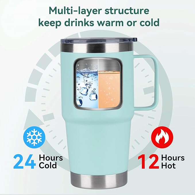 20oz Tumbler Bulk with Lid, Stainless Steel Tumbler Bulk with Handle, Metal Insulated Travel Coffee Mug Set with Handle, Double Wall Vacuum Leak Proof Tumbler Cup, Mint Green 12 Pack