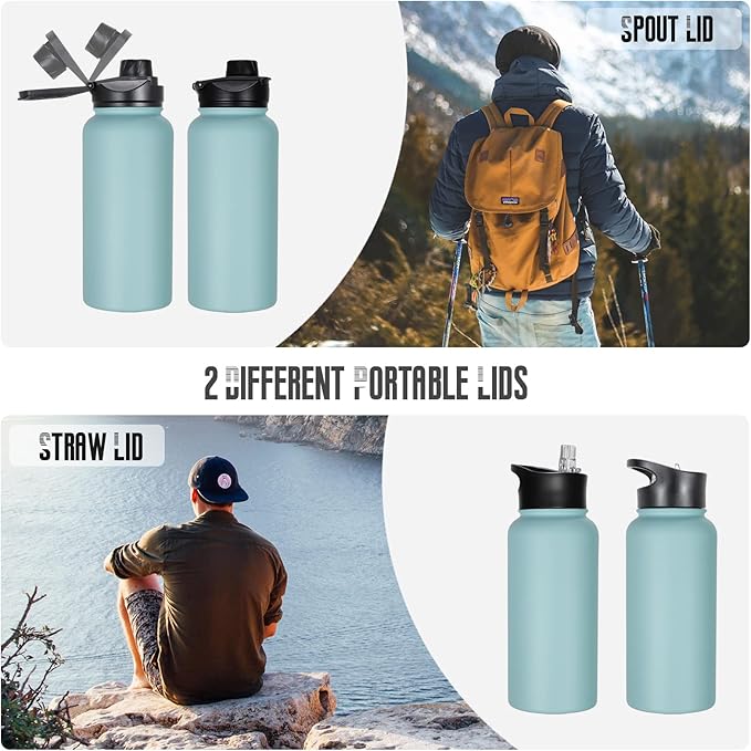 32 oz Insulated Water Bottle Bulk 4 Pack, Stainless Steel Sports Water Bottles with Straw Lid & Wide Mouth Lids, Double Walled Vacuum, Leak Proof, Turquoise Blue