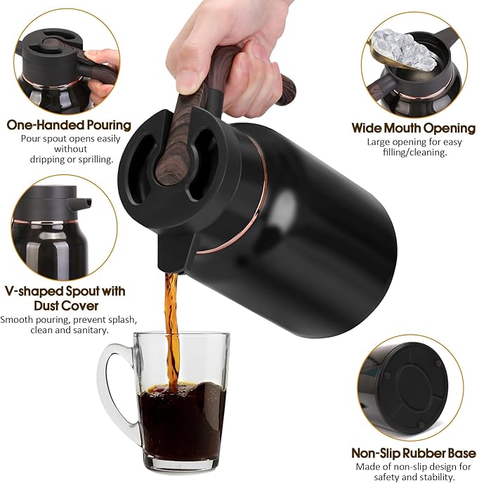 51oz Thermal Coffee Carafe, Stainless Steel Carafes for Hot Liquids 12 Hours, Insulated Coffee Carafes For Keeping Hot Coffee, Hot Water, Tea, Hot Beverage (Black)