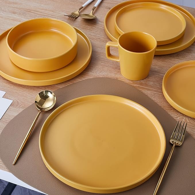 Stone Lain Cleo Modern Stoneware 32-Piece Dinnerware Set, Plates and Bowls Set, Pasta Bowls, Dish Set Service For 8, Yellow