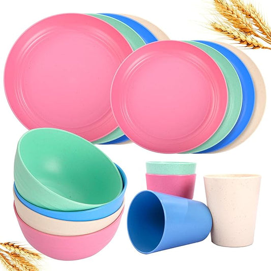 Rubtlamp Wheat Straw Plates and Bowls sets, Reusable Plastic Plate Set for 4, Kitchen Wheat Straw Dinnerware Sets (Spring Four Colors) Include Dinner Platos, Dessert Platos, Cereal Bowls, Cups