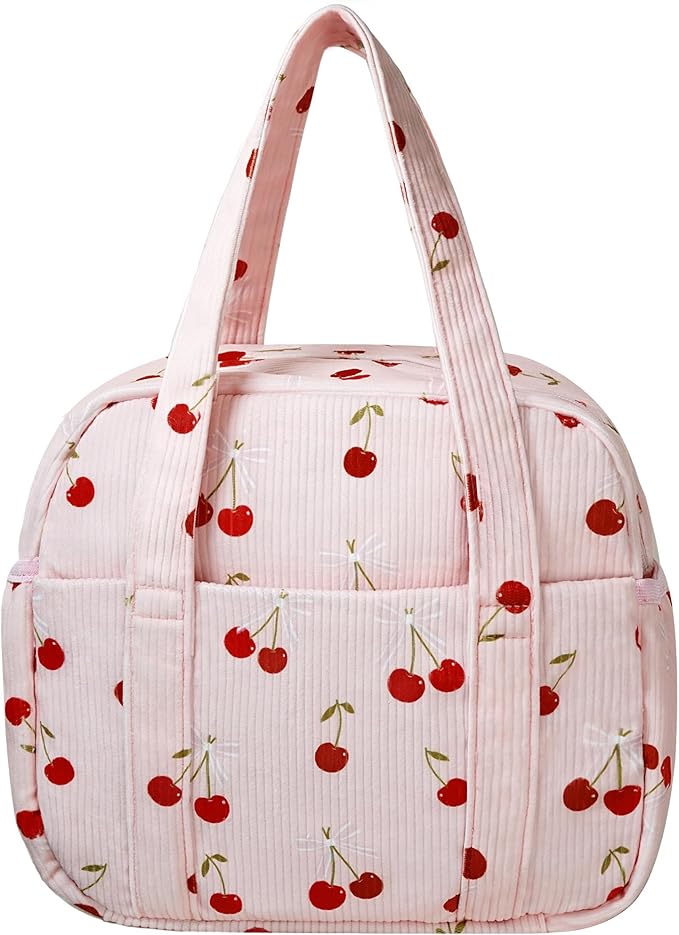 Yarnic Corduroy Lunch Bag Women Men Insulated, Large Lunch Box for Work with Bottle Pockets, Stylish Reusable Cooler Tote for Adults Teachers Picnic Hiking (Cherry Bow)