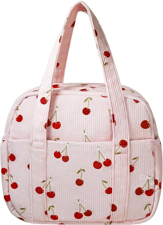 Yarnic Corduroy Lunch Bag Women Men Insulated, Large Lunch Box for Work with Bottle Pockets, Stylish Reusable Cooler Tote for Adults Teachers Picnic Hiking (Cherry Bow)