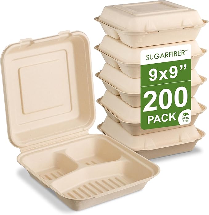 [200 COUNT]Sugarfiber by Harvest Pack PFAS FREE 9 X 9" 3 Compartment Compostable Clamshell Takeout Food Containers, Heavy-Duty Hinged, Disposable Bagasse Eco-Friendly Natural Sugarcane to go Box